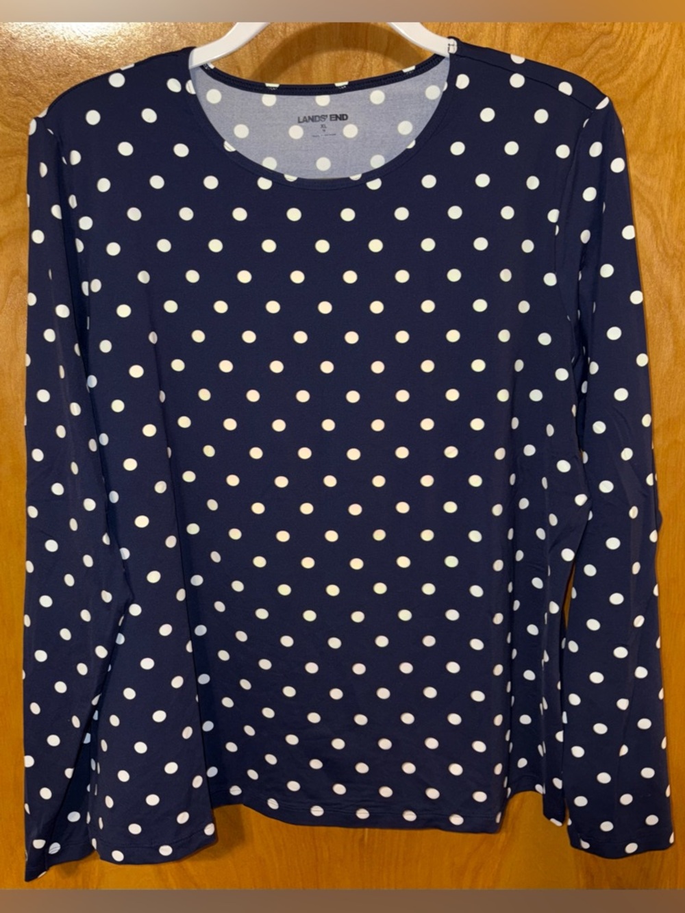 Lands’ End navy blue/white polka dot jersey knit long sleeve top Size XL STRETCH